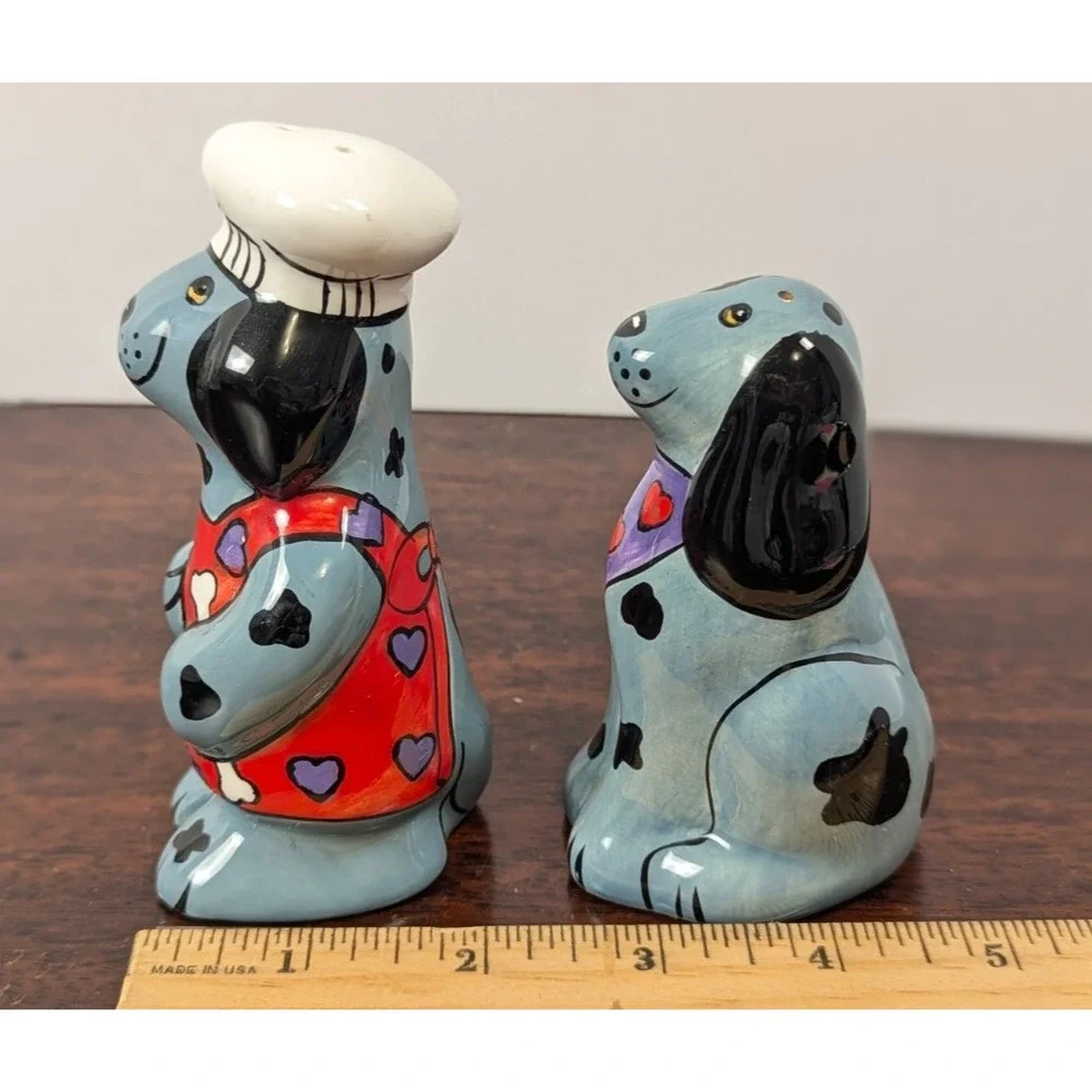 Dalmatian Chef Dog Salt and Pepper Shaker Set Blue Ceramic Novelty Kitchen Decor